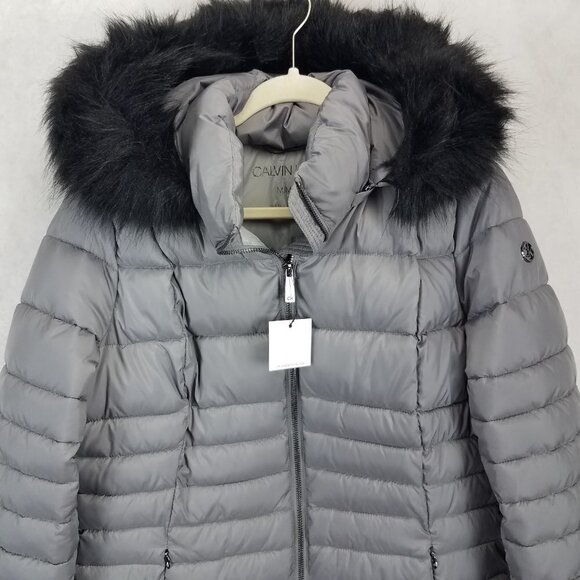 NEW Calvin Klein Size M Long Hooded Quilted Parka Winter Coat in Gray/Black NWT - Picture 3 of 14